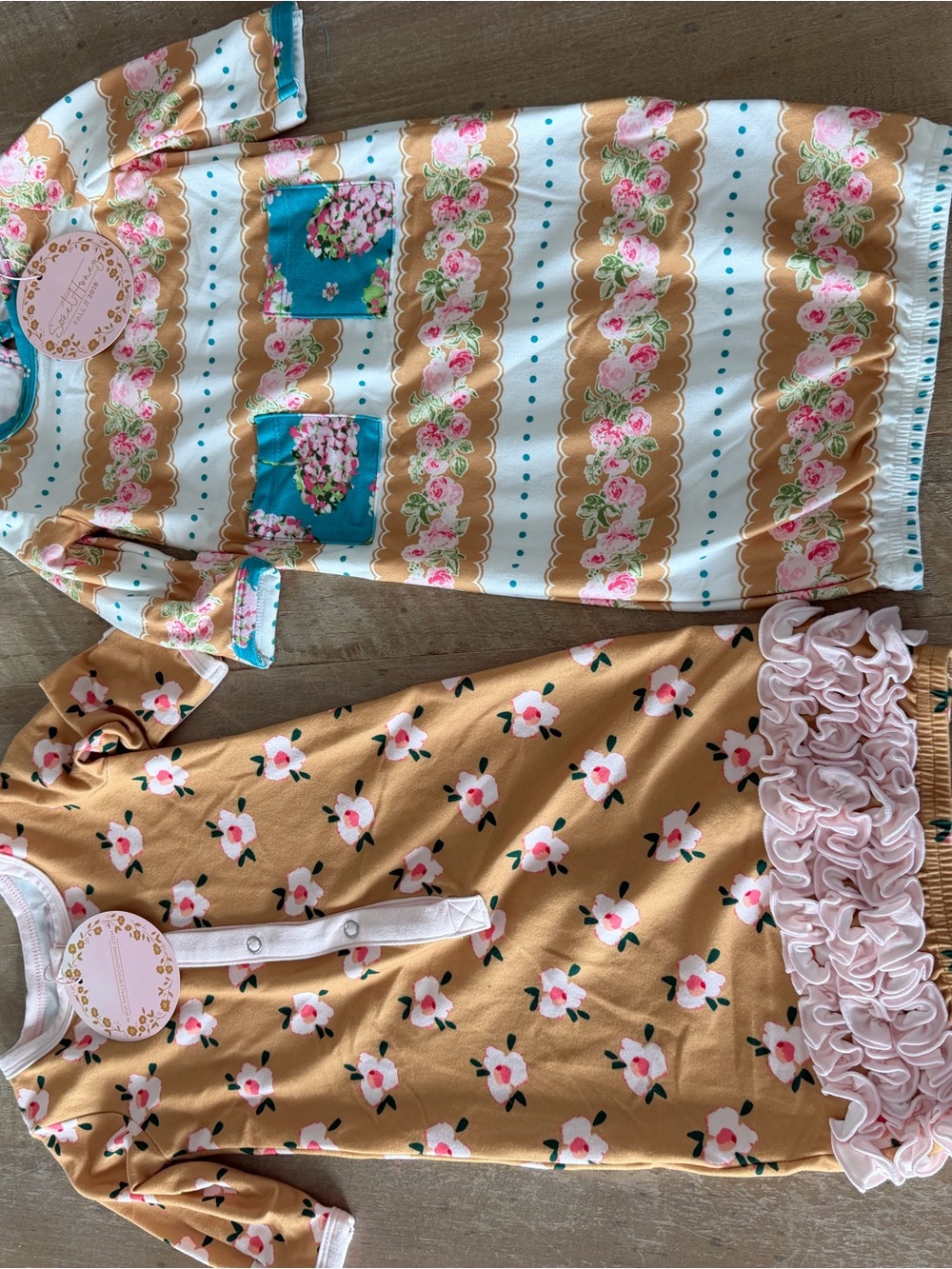 SweetHoney Mustard Floral Ruffle Nightgown Set with Teal Pocket Accents